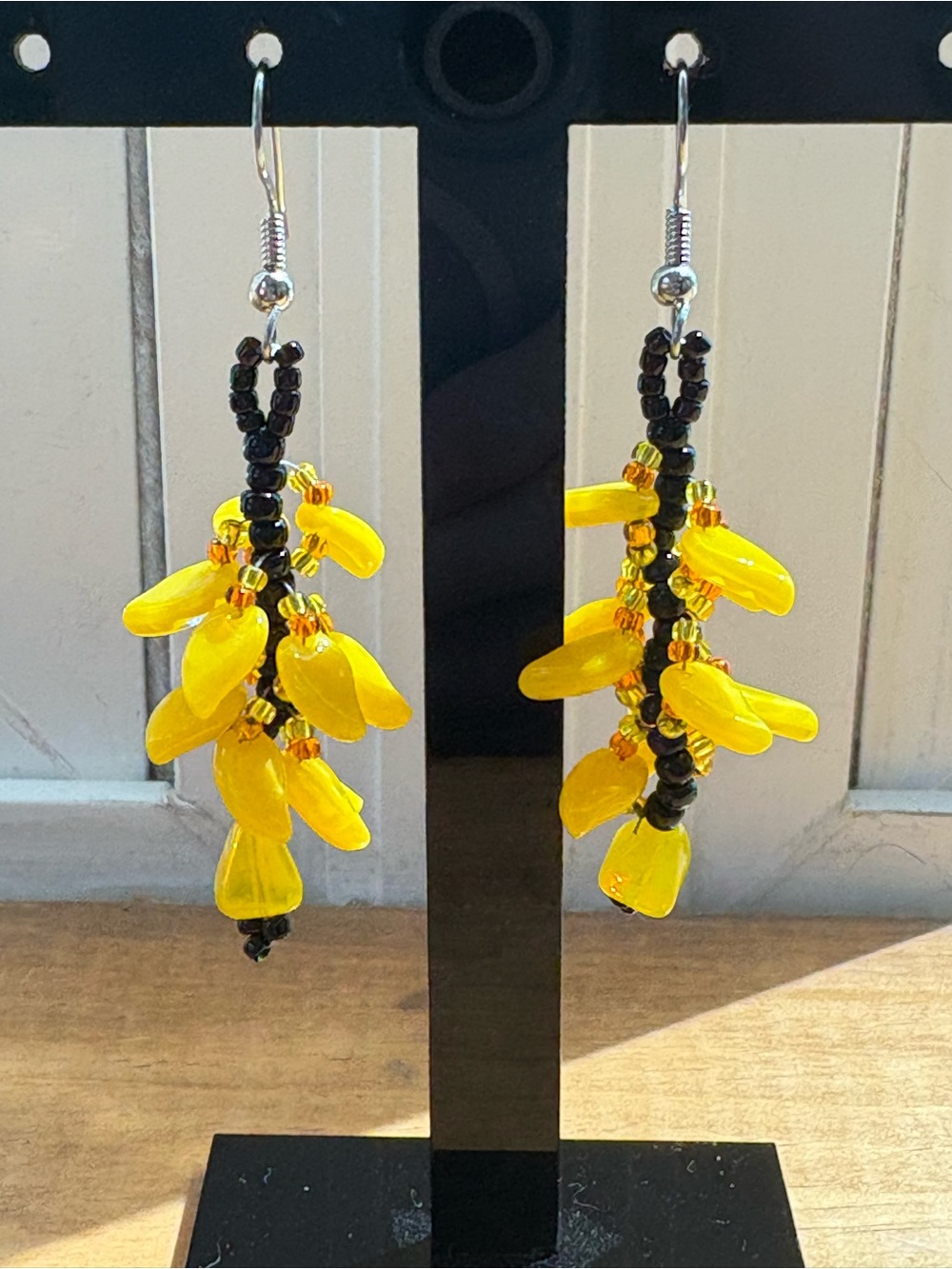 Handmade Teardrop Beaded Dangle Earrings, Yellow, Orange and Black